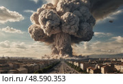 Ядерный взрыв с грибовидным облаком. Nuclear explosion with mushroom cloud. Стоковое AI-изображение, AI-художник Гер Олег / Фотобанк Лори