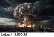 Ядерный взрыв с грибовидным облаком. Nuclear explosion with mushroom cloud. Стоковое AI-изображение, AI-художник Гер Олег / Фотобанк Лори