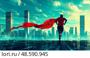 Man in red cloak sprinting through city, a concept art piece about power and determination. Стоковое AI-изображение, AI-художник Данила Большаков / Фотобанк Лори