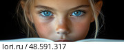 A young girl with bright blue eyes focuses on a book, demonstrating her deep concentration and eagerness to learn in a serene setting. Стоковое AI-изображение, AI-художник Данила Большаков / Фотобанк Лори