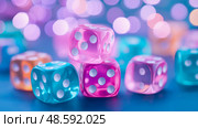 Translucent Dice Harmony: A playful cluster of colorful game cubes under soft pastel glimmer, for game invitation print or digital design. Стоковое AI-изображение, AI-художник Данила Большаков / Фотобанк Лори