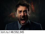 Intense portrait of angry man with expression of extreme fury, set against dark background with hints of fire, emphasizing moment of raw, unbridled emotion. Стоковое AI-изображение, AI-художник Данила Большаков / Фотобанк Лори