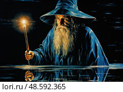 Enigmatic Enchanter: A Mystical Wizard Ignites the Night With a Sparkler. Стоковое AI-изображение, AI-художник Данила Большаков / Фотобанк Лори