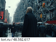 Alone man stands steadfast in the middle of crowded street, capturing the essence of isolation and resilience in whimsical urban chaos. Стоковое AI-изображение, AI-художник Данила Большаков / Фотобанк Лори