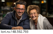Smiling mature man with glasses poses alongside his gleeful elderly companion, illuminated by the gentle light of the setting sun. Стоковое AI-изображение, AI-художник Данила Большаков / Фотобанк Лори