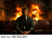 Calm Amidst Chaos: Solemn pensive man sits undisturbed in front of raging flames that engulf room behind him, radiating unsettling calm in face of imminent danger. Стоковое AI-изображение, AI-художник Данила Большаков / Фотобанк Лори