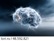 Human Brain with Lightning Strikes on Dark Background, Concept of Intelligence, Brainstorm, and Mental Energy. Человеческий мозг с молниями на темном фоне, концепция интеллекта, мозгового штурма и психической энергии. Стоковое AI-изображение, AI-художник Katsiaryna Repich / Фотобанк Лори
