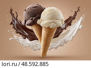 Double scoop ice cream cone splashing with chocolate and vanilla flavors. Двойной рожок мороженого с шоколадным и ванильным вкусами. Стоковое AI-изображение, AI-художник Katsiaryna Repich / Фотобанк Лори