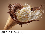 Double scoop ice cream cone splashing with chocolate and vanilla flavors. Двойной рожок мороженого с шоколадным и ванильным вкусами. Стоковое AI-изображение, AI-художник Katsiaryna Repich / Фотобанк Лори