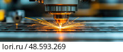 A laser cutting tool precisely slices through a metal sheet, generating sparks in a well-lit workshop environment. Стоковое AI-изображение, AI-художник Данила Большаков / Фотобанк Лори