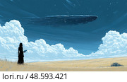 A silhouette surveys the expansive landscape, gazing at an unidentified object suspended in the bright blue sky, surrounded by fluffy clouds. Стоковое AI-изображение, AI-художник Данила Большаков / Фотобанк Лори