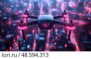 A high-tech drone hovers above a vibrant city at night, glowing with neon lights and surrounded by sparkling particles in the air. Стоковое AI-изображение, AI-художник Данила Большаков / Фотобанк Лори