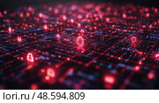 The digital landscape features glowing red data points and security icons illuminated against a dark backdrop, representing a complex network. Стоковое AI-изображение, AI-художник Данила Большаков / Фотобанк Лори