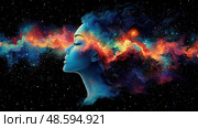 A woman’s calm profile is surrounded by a colorful cosmic explosion, illustrating a connection to the universe and introspective thought. Стоковое AI-изображение, AI-художник Данила Большаков / Фотобанк Лори