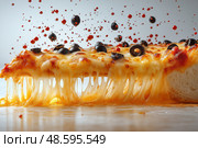 Delicious slice of pizza with melted cheese and crispy toppings for lunch. Вкусный кусок пиццы с расплавленным сыром и хрустящей начинкой на обед. Стоковое AI-изображение, AI-художник Katsiaryna Repich / Фотобанк Лори
