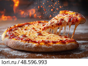 Freshly baked cheese pizza being served from wooden platter/ Свежеиспеченная сырная пицца подается на деревянном блюде. Стоковое AI-изображение, AI-художник Katsiaryna Repich / Фотобанк Лори
