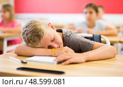 Bored tween boy sleeping at desk in classroom during lesson. Стоковое фото, фотограф Яков Филимонов / Фотобанк Лори