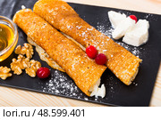 Bulgarian Palachinka crepes with brinsen cheese. Стоковое фото, фотограф Яков Филимонов / Фотобанк Лори