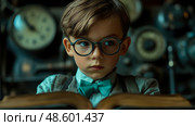 Boy immersed in reading a book with vintage gauges in workshop. Стоковое AI-изображение, AI-художник Данила Большаков / Фотобанк Лори