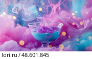 Magical Dessert Concept: A glass bowl filled with colorful powder surrounded by swirling smoke and bokeh lights. Стоковое AI-изображение, AI-художник Данила Большаков / Фотобанк Лори