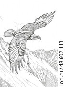 An eagle soars gracefully over a rugged mountain range, displaying its magnificent wingspan against the backdrop of rocky peaks. Стоковое AI-изображение, AI-художник Данила Большаков / Фотобанк Лори