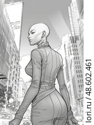 A strong, bald woman in a superhero suit strides with purpose through an urban downtown area, surrounded by high-rise buildings. Стоковое AI-изображение, AI-художник Данила Большаков / Фотобанк Лори
