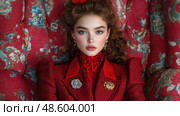 A young woman poses elegantly against a floral armchair, dressed in vibrant vintage fashion, exuding confidence and a keen sense of style. Стоковое AI-изображение, AI-художник Данила Большаков / Фотобанк Лори
