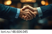 Two business professionals shake hands to finalize a deal, demonstrating trust and collaboration in a contemporary office environment. Стоковое AI-изображение, AI-художник Данила Большаков / Фотобанк Лори