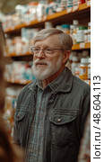 An elderly man with glasses and a beard engages in conversation while exploring a pharmacy filled with various products. Стоковое AI-изображение, AI-художник Данила Большаков / Фотобанк Лори