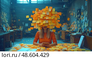 In a cluttered office environment, a woman sits at a desk, overwhelmed by a sea of sticky notes, engaged in organizing her thoughts. Стоковое AI-изображение, AI-художник Данила Большаков / Фотобанк Лори