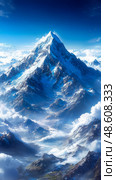 Breathtaking mountain peak covered in snow and surrounded by clouds, showcasing the immensity and majesty of nature. Стоковое AI-изображение, AI-художник Данила Большаков / Фотобанк Лори