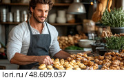 A baker is skillfully arranging an array of freshly baked pastries in a charming bakery adorned with greenery and delicious baked goods. Стоковое AI-изображение, AI-художник Данила Большаков / Фотобанк Лори