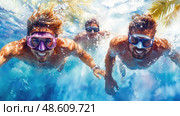 A group of three friends swims happily underwater, showcasing their snorkeling gear against the vibrant blue backdrop of the ocean. Стоковое AI-изображение, AI-художник Данила Большаков / Фотобанк Лори