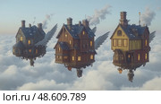 Three fantastical houses with wings hover in a dreamy sky, illuminated by warm lights against a backdrop of soft clouds at dawn. Стоковое AI-изображение, AI-художник Данила Большаков / Фотобанк Лори