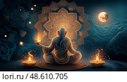 Meditating figure holding Diya under moonlight for Diwali night. Стоковое AI-изображение, AI-художник Лариса Пономарева / Фотобанк Лори