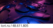 Liquid alien substance glowing under neon purple and blue lights with smooth flowing edges and futuristic texture. Стоковое AI-изображение, AI-художник Павел Муравьев / Фотобанк Лори