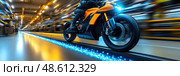 A motorcycle speeds along a glowing blue pathway in a modern factory, showcasing motion and technology in an industrial environment. Стоковое AI-изображение, AI-художник Данила Большаков / Фотобанк Лори