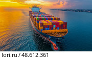 A large cargo ship sails smoothly across the water, filled with colorful containers, under a vibrant sunset sky. Стоковое AI-изображение, AI-художник Данила Большаков / Фотобанк Лори
