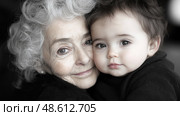 A grandmother lovingly holds her grandchild, both smiling softly, highlighting their special bond in a warm indoor setting. Стоковое AI-изображение, AI-художник Данила Большаков / Фотобанк Лори