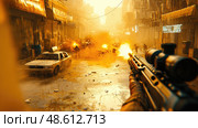A chaotic urban street erupts in violence as gunfire and explosions fill the air during sunset, with scattered debris and civilian vehicles. Стоковое AI-изображение, AI-художник Данила Большаков / Фотобанк Лори