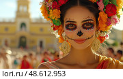 Colorfully dressed, a woman with elaborate skull makeup and floral accessories enjoys the festive atmosphere of a Day of the Dead celebration in Mexico. Стоковое AI-изображение, AI-художник Данила Большаков / Фотобанк Лори