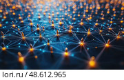 Bright nodes interconnected by glowing lines illustrate a dynamic digital network of information exchange in a futuristic setting. Стоковое AI-изображение, AI-художник Данила Большаков / Фотобанк Лори