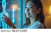 A woman interacting with a hologram, front view, bright lighting, friendly color palette with soft blues and yellows. modern hi-tech interface communication concept. Стоковое AI-видео, аниматор Sergey Grishin / Фотобанк Лори