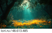 Golden flowers bloom in a tranquil forest as sunlight filters through the treetops, creating a peaceful, enchanting atmosphere. Стоковое AI-изображение, AI-художник Данила Большаков / Фотобанк Лори