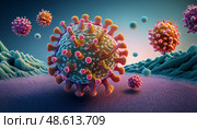 Microscopic view of Covid-19 coronavirus particle spread across cellular landscape. Infection of FLiRT, XEC epidemic. Стоковое AI-изображение, AI-художник Андрей Ка / Фотобанк Лори