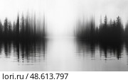 Serene black and white shot of tall trees emerging from fog, mirrored in still water as dawn breaks, creating a peaceful atmosphere. Стоковое AI-изображение, AI-художник Данила Большаков / Фотобанк Лори