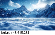 Snow falls gently over rugged mountains, enveloping the landscape in a tranquil winter scene under bright daylight. Стоковое AI-изображение, AI-художник Данила Большаков / Фотобанк Лори