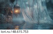 A lantern glows softly, illuminating the still waters of a cave. Wisps of fabric hang in the background, creating a serene and magical atmosphere at twilight. Стоковое AI-видео, аниматор Виктория Новохацкая / Фотобанк Лори