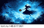 A witch in a flowing dress holds a glowing jack-o'-lantern as bats fly against a dark, moody sky during Halloween festivities. Стоковое AI-изображение, AI-художник Данила Большаков / Фотобанк Лори