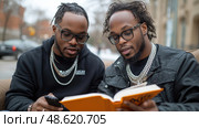 Two friends share insights while reading a book outdoors in winter, surrounded by an urban backdrop and a sense of camaraderie. Стоковое AI-изображение, AI-художник Данила Большаков / Фотобанк Лори